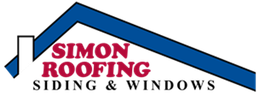 Simon Roofing Siding & Windows logo with red and blue roof graphic