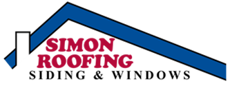 Simon Roofing Siding & Windows logo with red and blue roof graphic