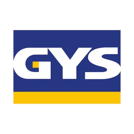 Logo GYS : Texte blanc « GYS » dans un rectangle bleu avec une barre jaune en bas et un carré jaune dans le « G ».