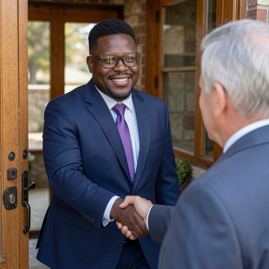 Two men in suits shaking hands at a doorway, one smiling.