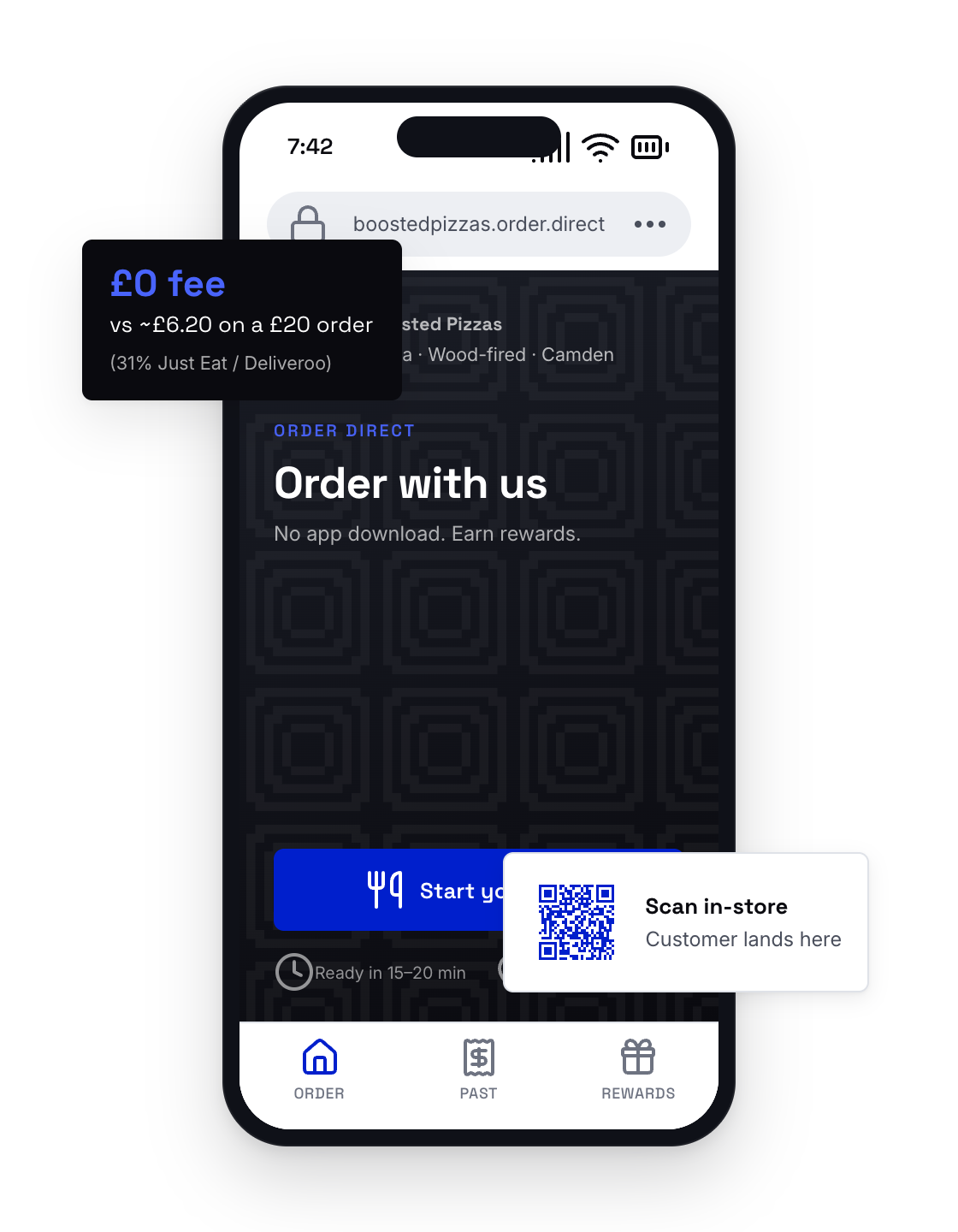 Mobile food-ordering app screen with dark theme, “Order with us” text, blue CTA, and QR-code card overlay