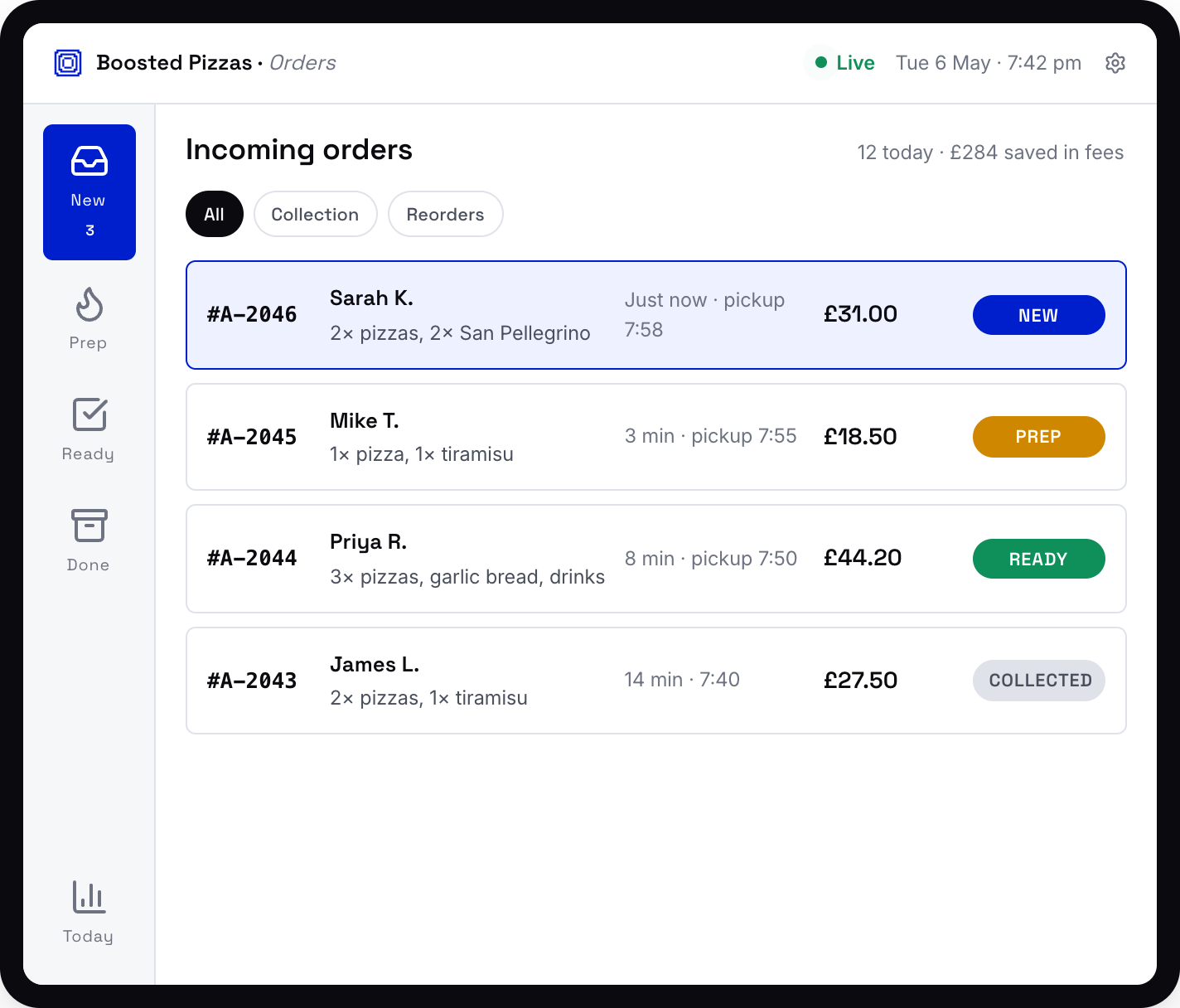 Dashboard showing incoming orders list with blue, orange, green, and gray status buttons.