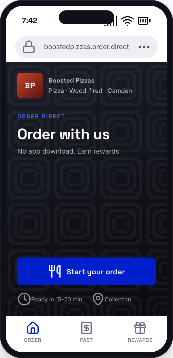 Mobile food-ordering home screen with “Order with us” headline and blue “Start your order” button