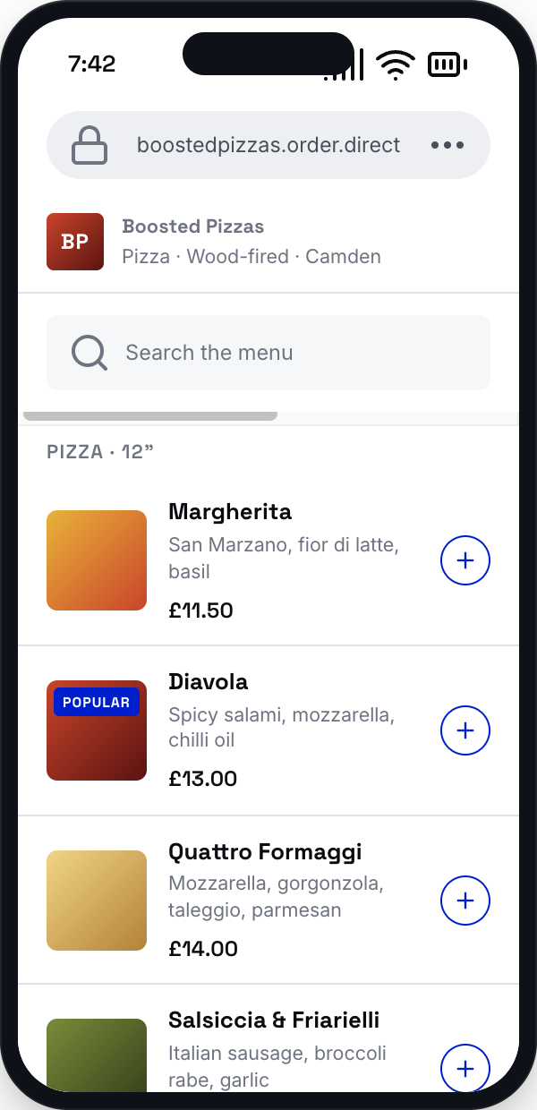 Phone screen showing a menu with pizza items, prices, and a search bar in a food ordering app