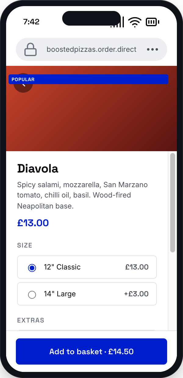 Mobile product page for “Diavola” pizza with red header, size options, and blue “Add to basket” button.