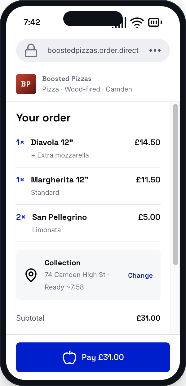 Food delivery app checkout screen with pizza order items and a blue Pay £31.00 button
