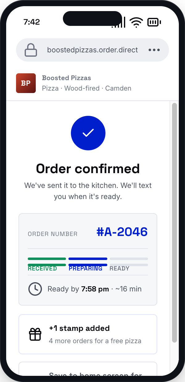 Mobile app order confirmation screen showing order #A-2046 and ready status from a restaurant.