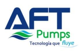 Logotipo de AFT Pumps en azul y verde con el lema “Tecnología que fluye”.