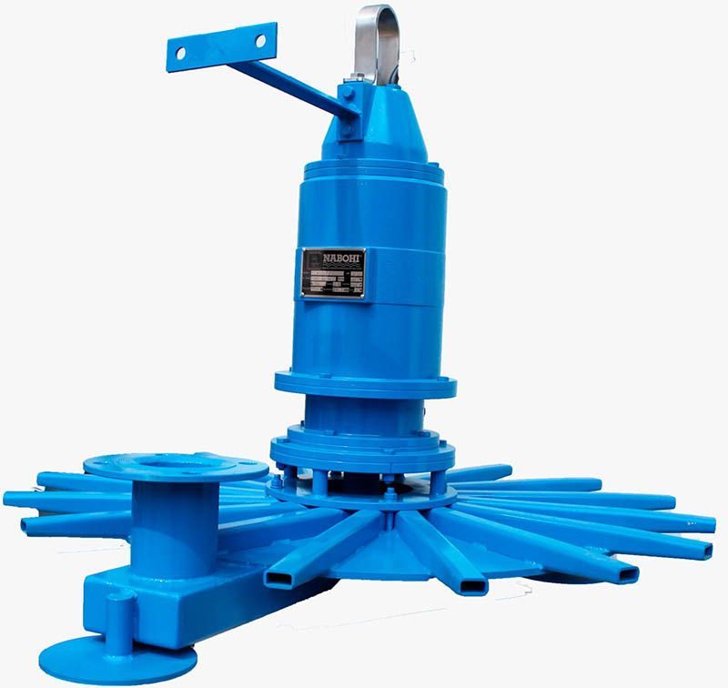 Lavadora industrial azul con múltiples brazos radiales y un asa superior sobre un fondo blanco.