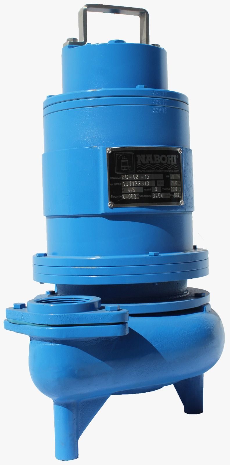 Bomba de agua sumergible industrial azul con asa y etiqueta negra sobre fondo blanco.