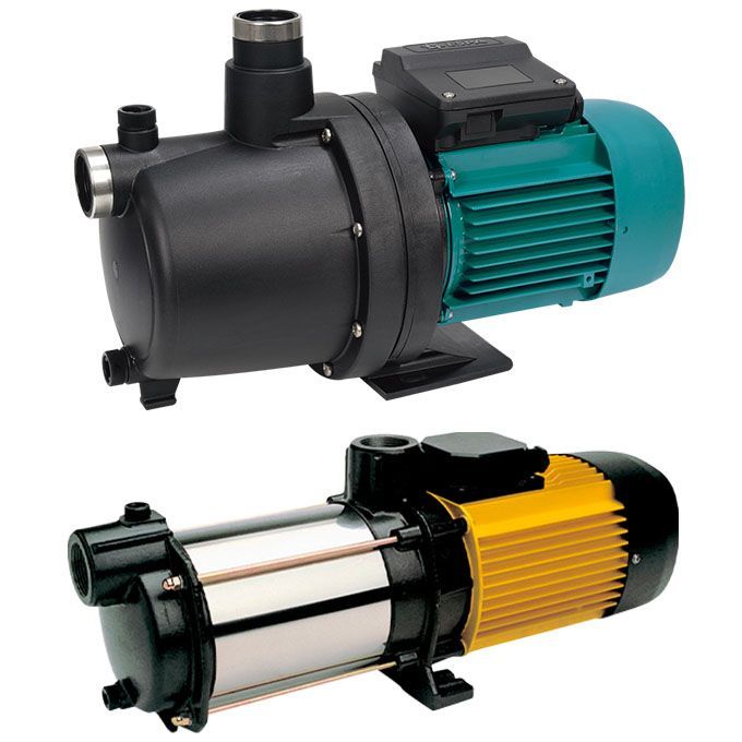 Dos bombas de agua eléctricas: una bomba negra y turquesa arriba, y una bomba de acero inoxidable y amarilla abajo.