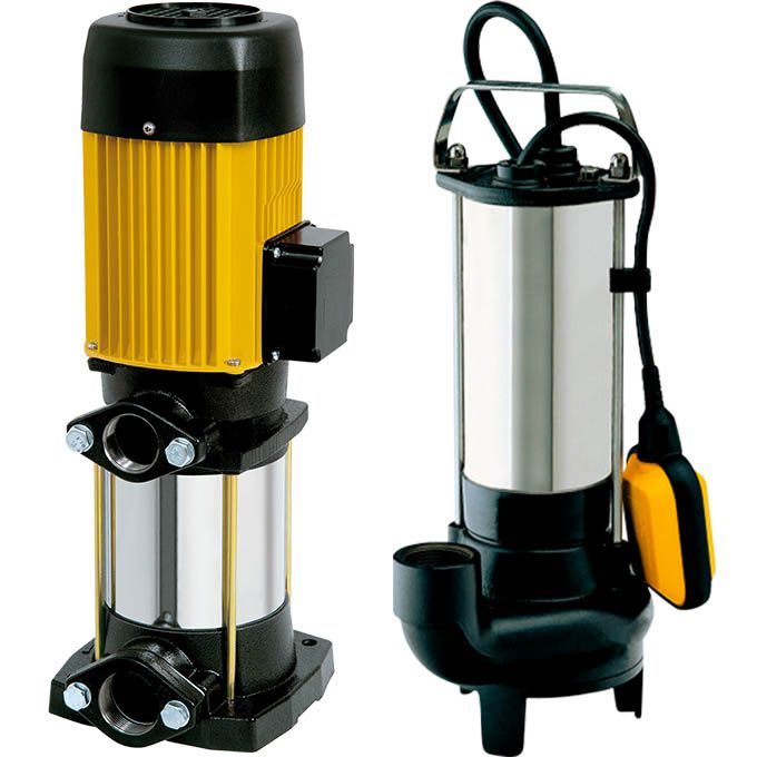 Dos bombas de agua sumergibles, una amarilla y plateada, y otra plateada y negra, mostradas una al lado de la otra.