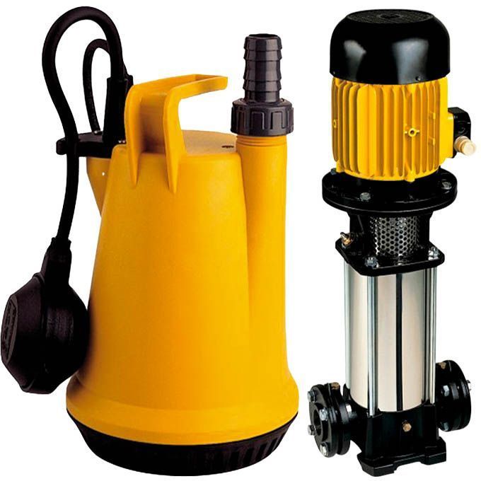 Bomba de agua sumergible amarilla con manguera negra junto a una unidad de bombeo vertical amarilla y negra.