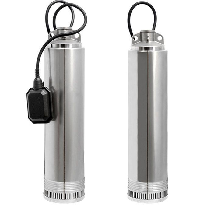 Dos bombas de agua sumergibles plateadas con cables de alimentación negros sobre un fondo blanco.