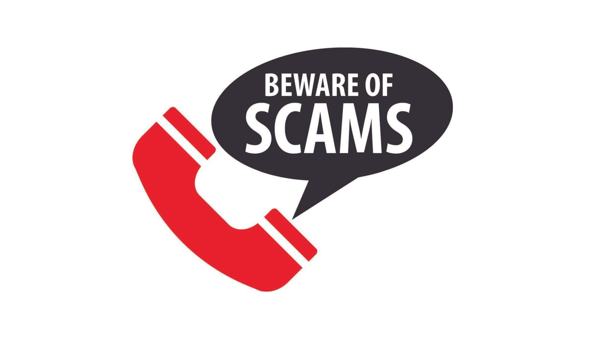 A red phone with a speech bubble that says beware of scams.