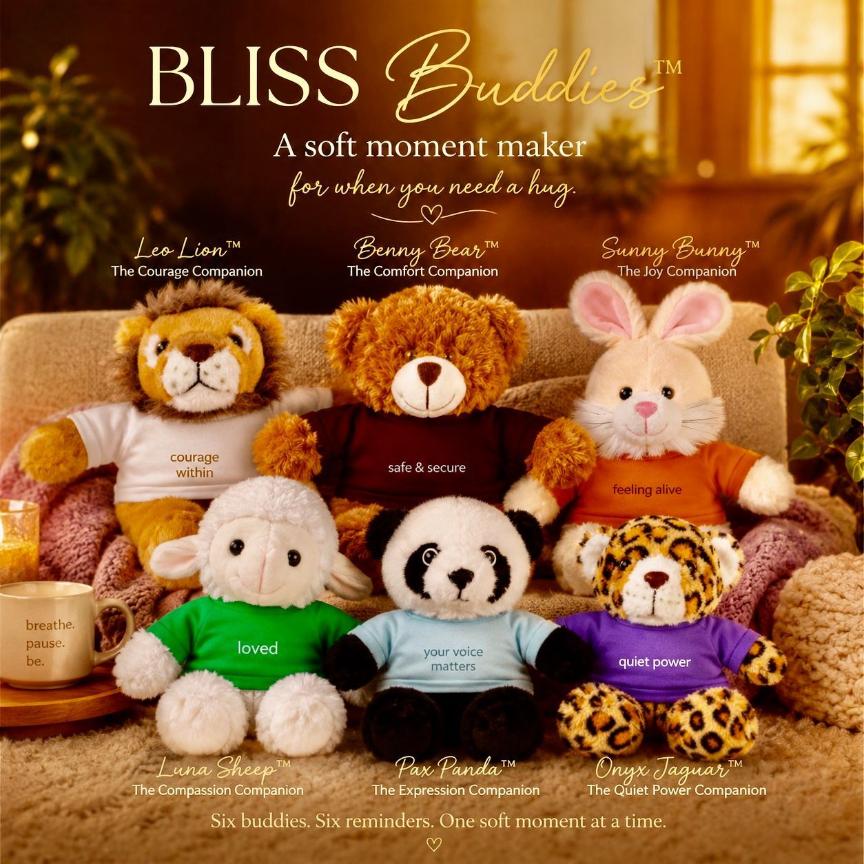Onyx Leopard BLISS Buddy™ encourages trust in yourself, your instincts, and your unique path. Leo Lion is designed to inspire courage, confidence, and inner strength.Sunny Bunny celebrates joy, playfulness, and the simple happiness of being yourself. Pax Panda encourages honest self-expression and authentic living through everyday comfort.Benny Bear is a comforting companion created to inspire feelings of safety, comfort, and reassurance. Luna Sheep BLISS Buddy™ is a comforting companion designed to remind you that you are deeply loved and supported.