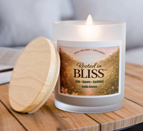 be your bliss soy candle rooted in bliss vanilla in class with wooden cover 