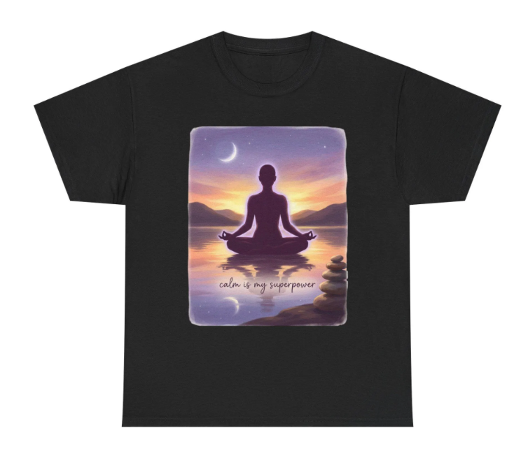 be your bliss shirt calm is my superpower in yoga pose on lake at sunset