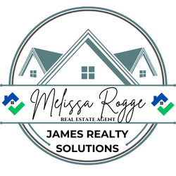 Melissa Rogge Real Estate Agent logo with stylized house roof and James Realty Solutions text in teal and gray