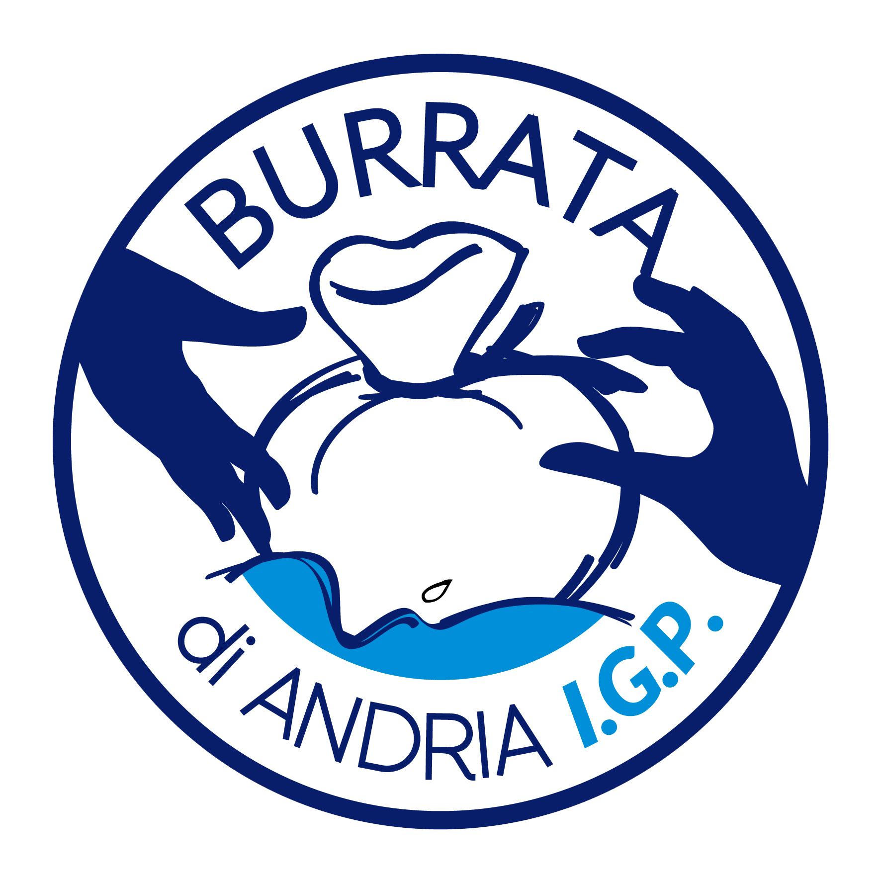 Logo della Burrata di Andria IGP dalla forma rotonda, con mani blu scuro che tengono una Burrata.