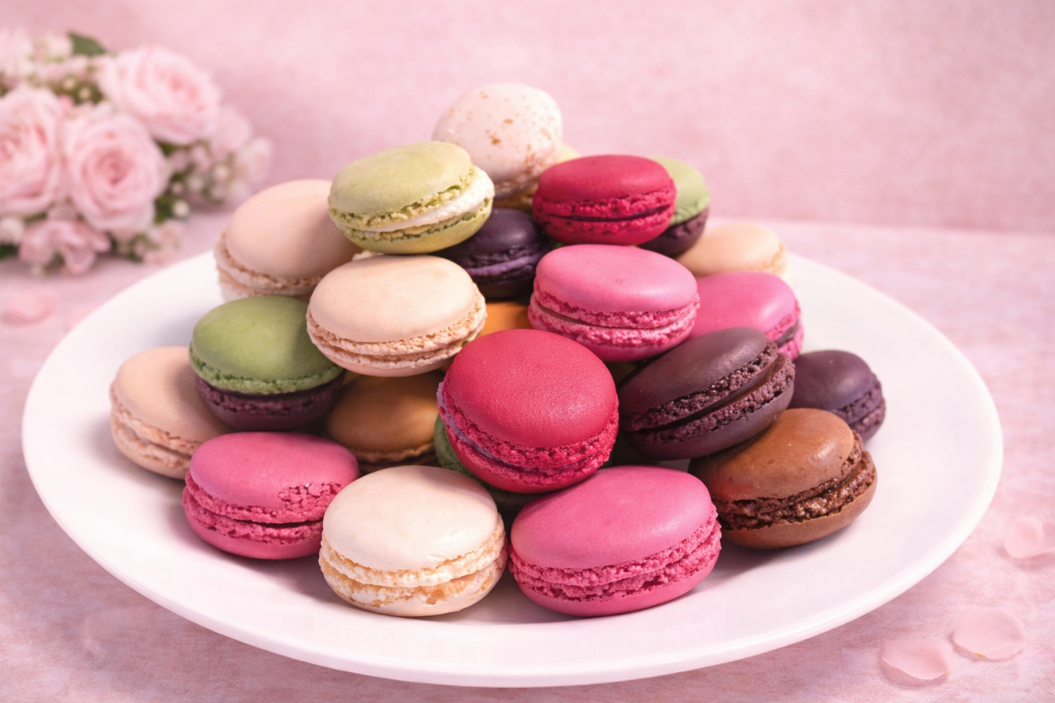 Pila di macaron colorati su un piatto bianco, sfondo rosa, rose sullo sfondo.