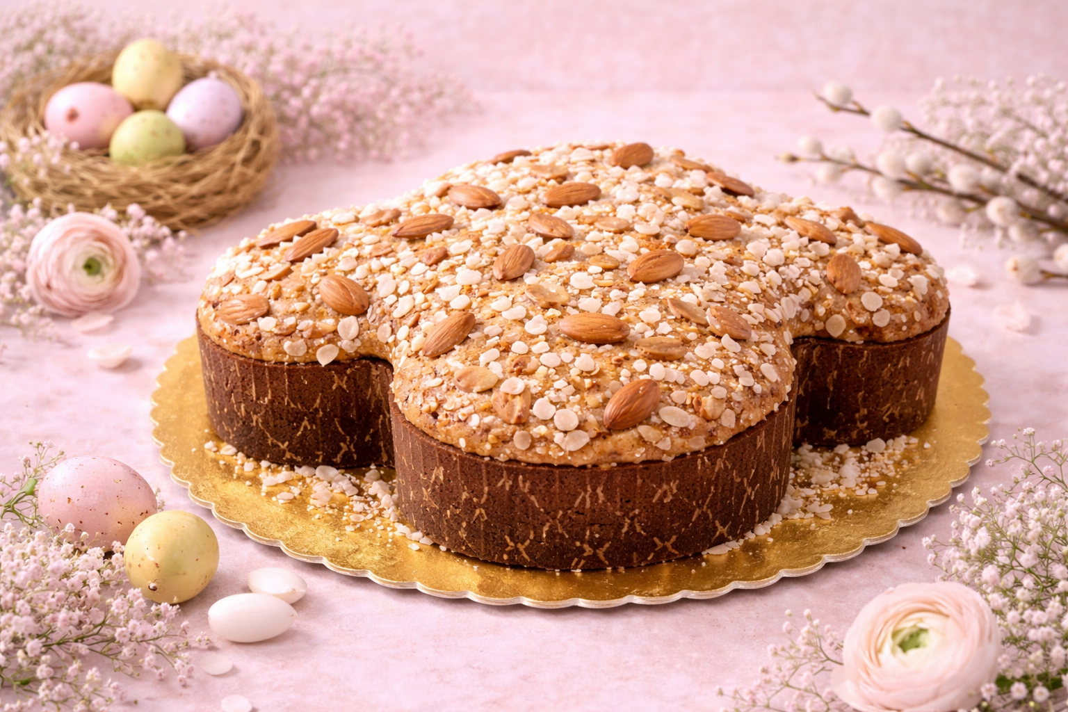 Colomba pasquale con mandorle e cristalli di zucchero, accanto a uova di Pasqua e fiori.