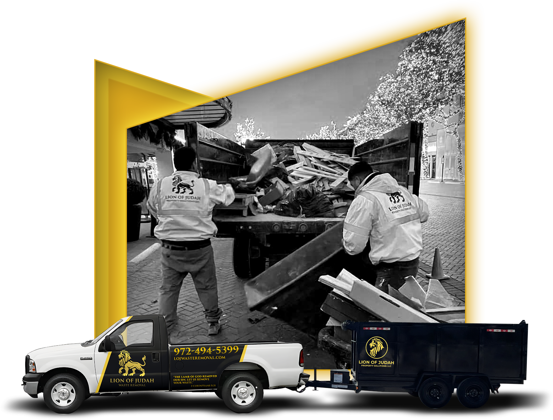 Two men are loading a dumpster into a truck.