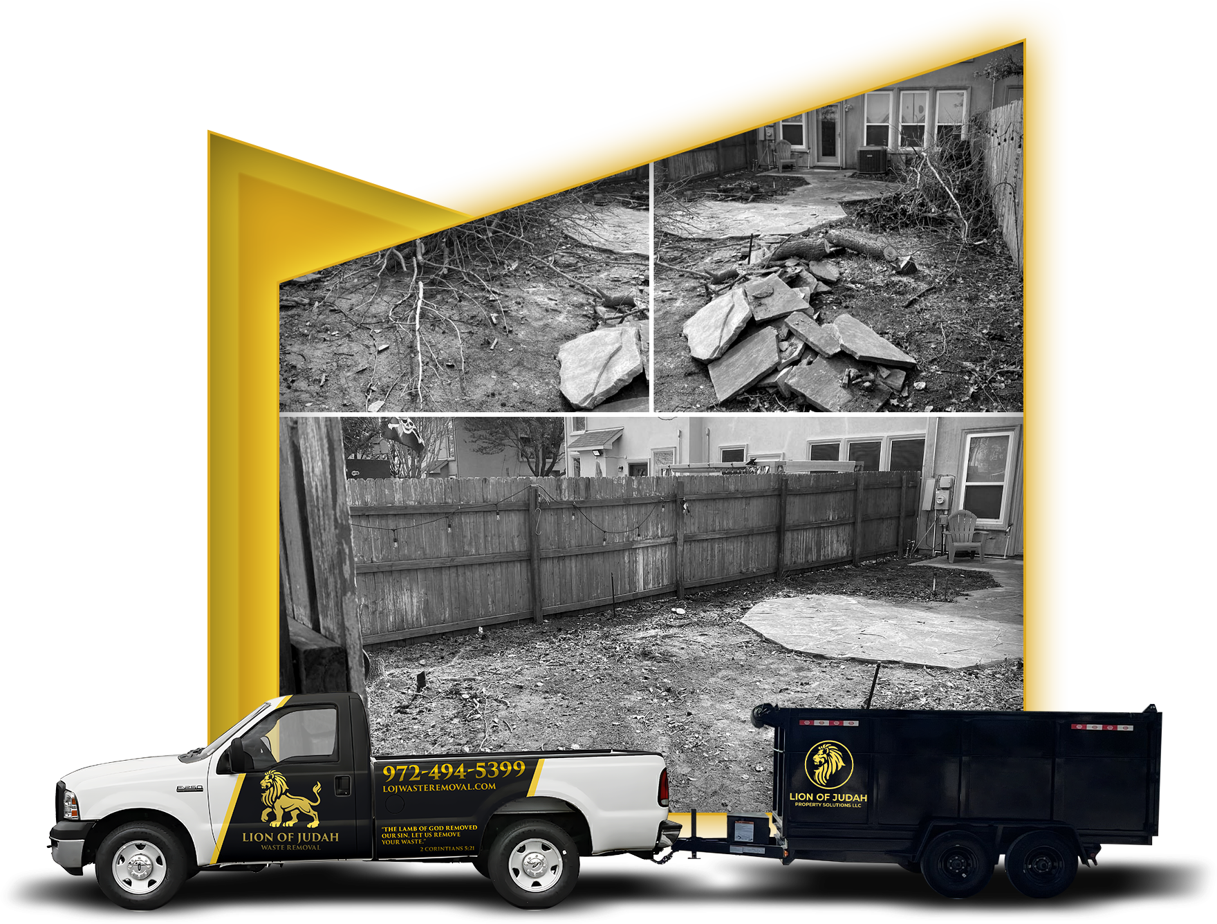 A truck with a trailer attached to it is parked in front of a house.