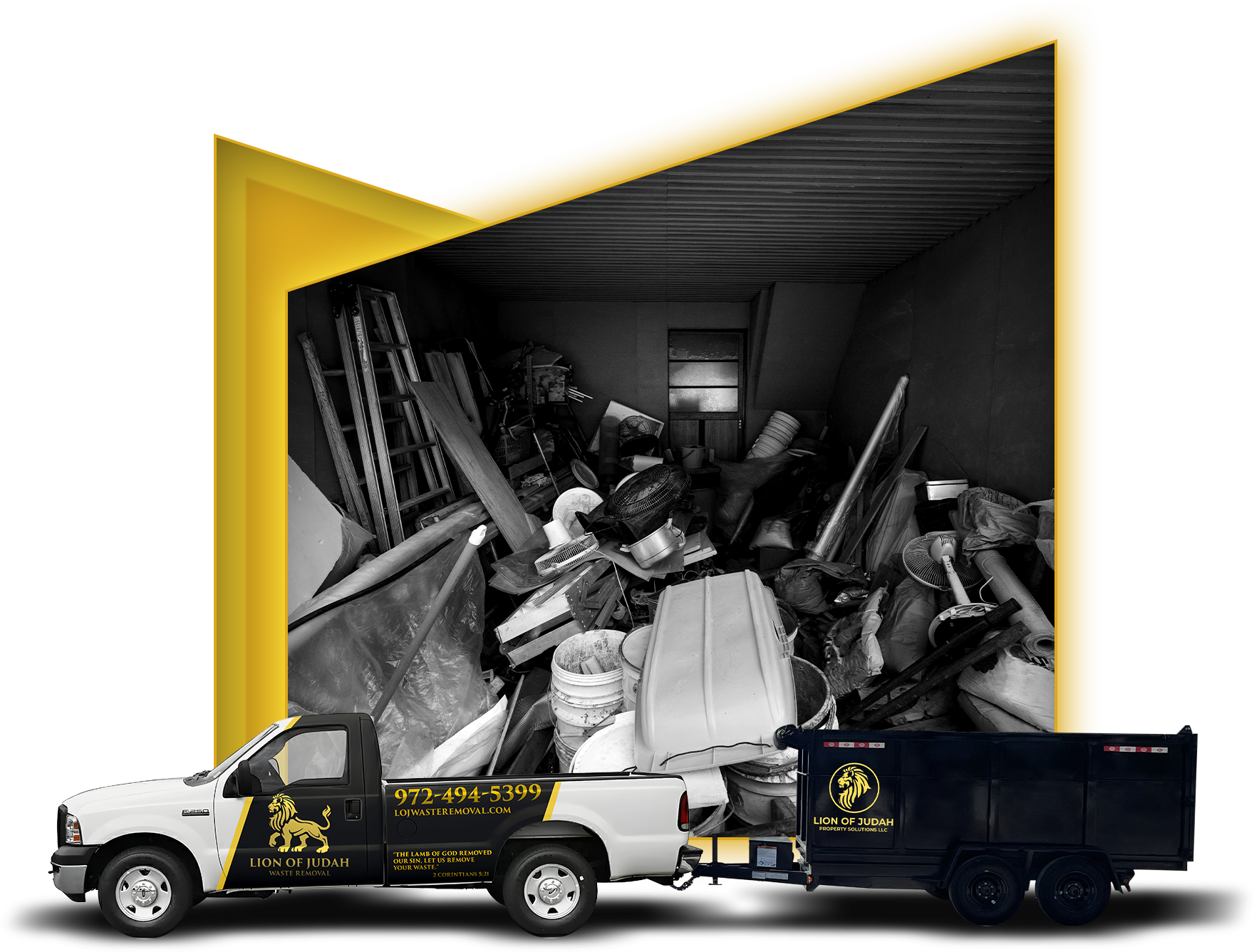 A truck and trailer are parked in front of a pile of scrap metal.