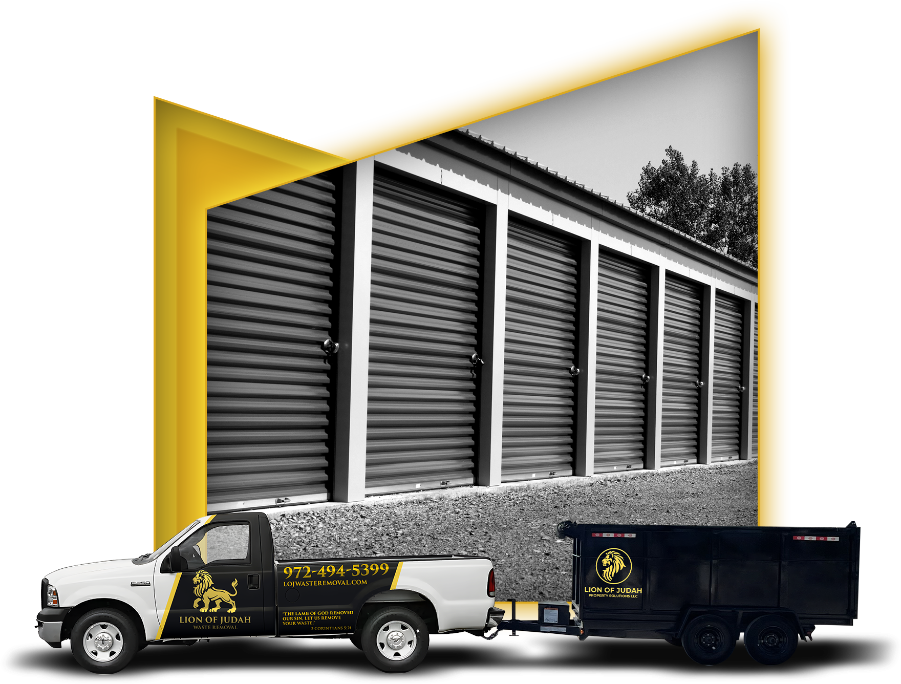 A truck with a trailer attached to it is parked in front of a building.