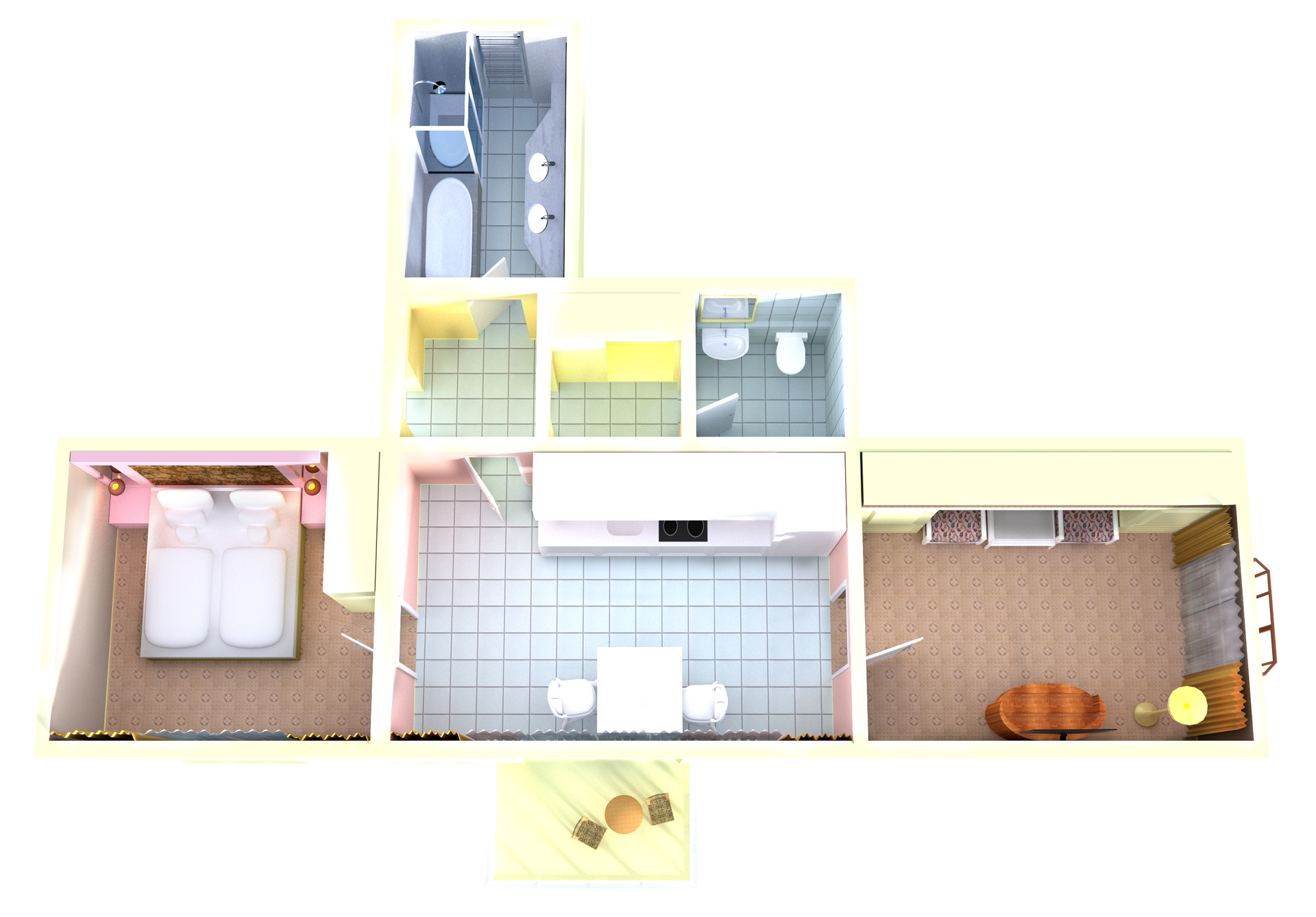 Eine Luftaufnahme eines Hauses mit Schlafzimmer, Badezimmer, Esszimmer und Wohnzimmer.