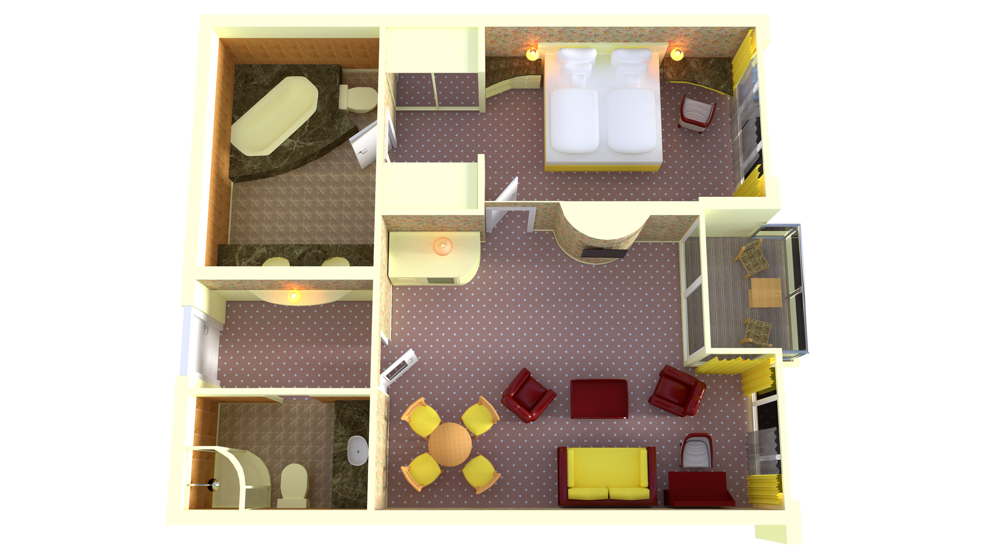 Eine Luftaufnahme eines Hotelzimmers mit Schlafzimmer, Wohnzimmer und Badezimmer.