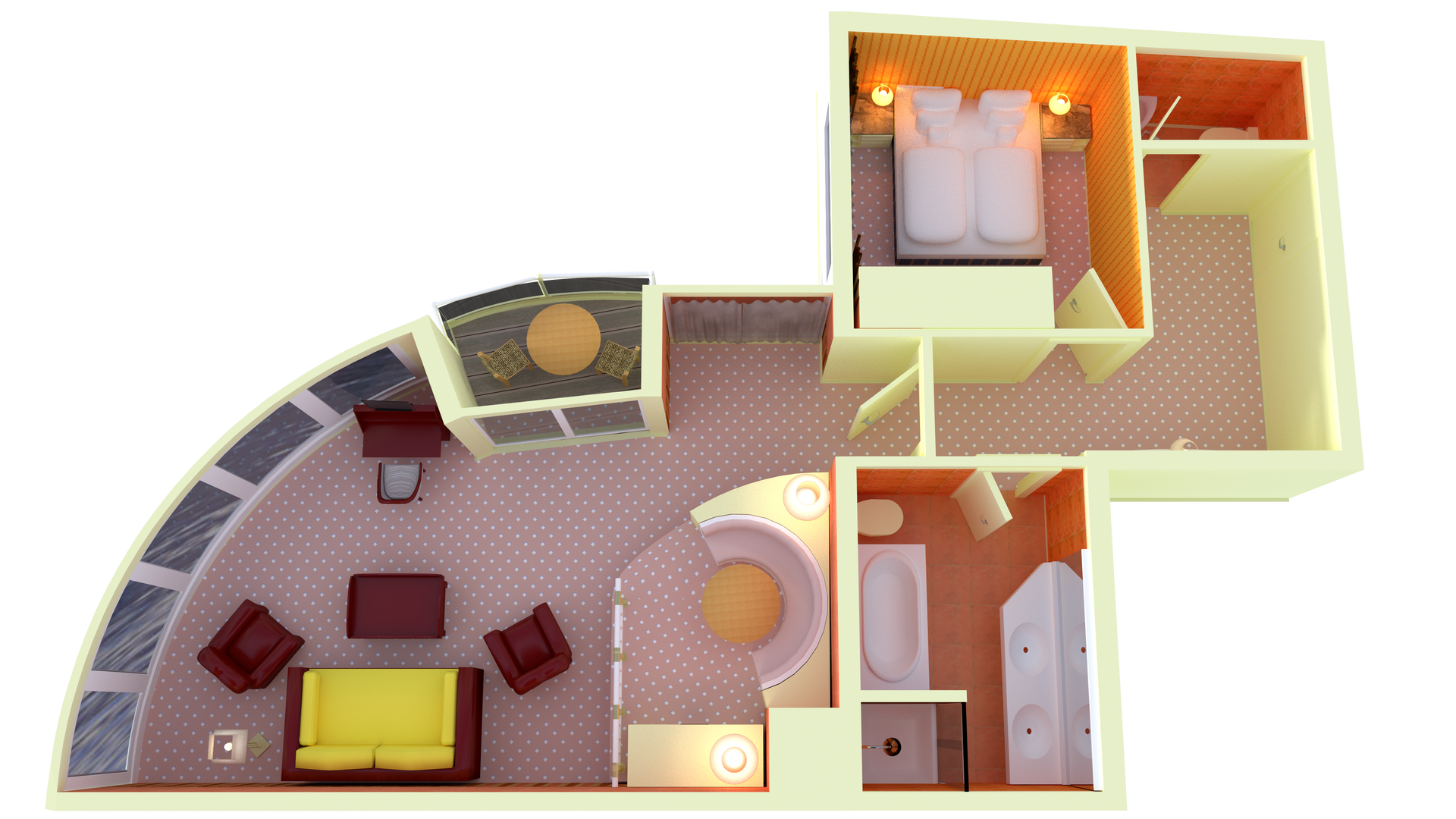 Ein Grundriss eines Hauses mit einem gelben Sofa