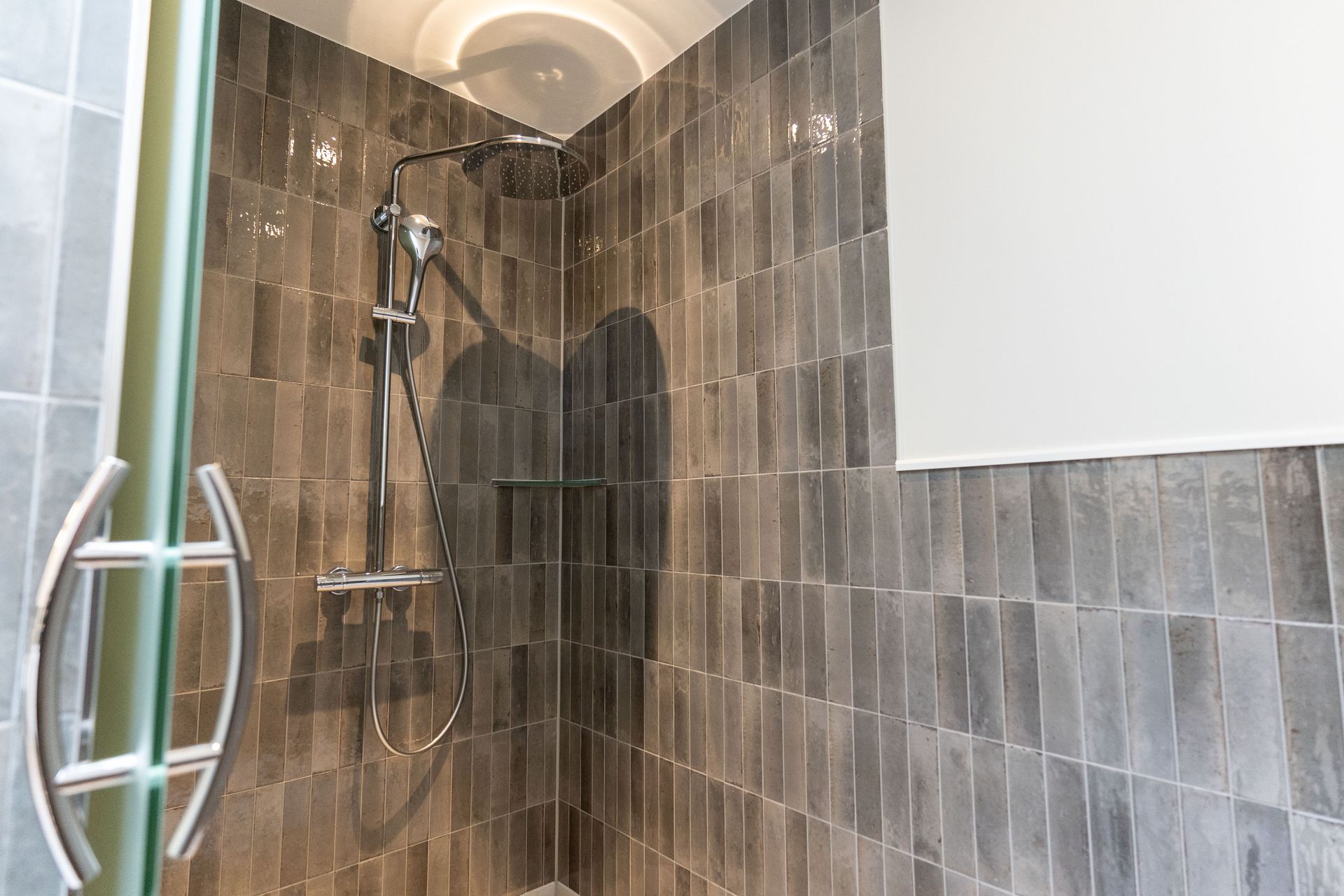 Ein Badezimmer mit ebenerdiger Dusche und Glastür.