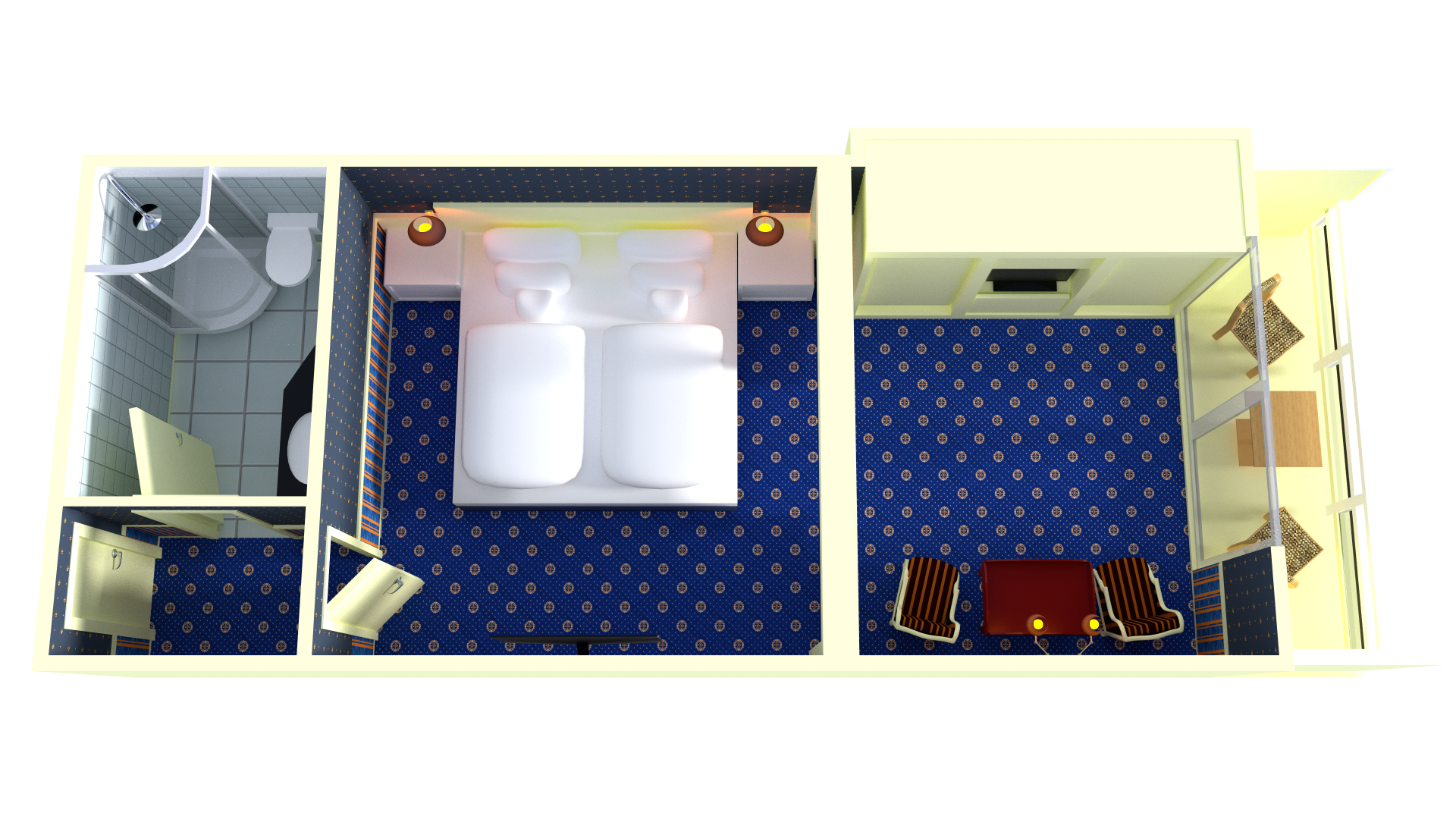 A floor plan of a hotel room with a bed , toilet , and bathroom.