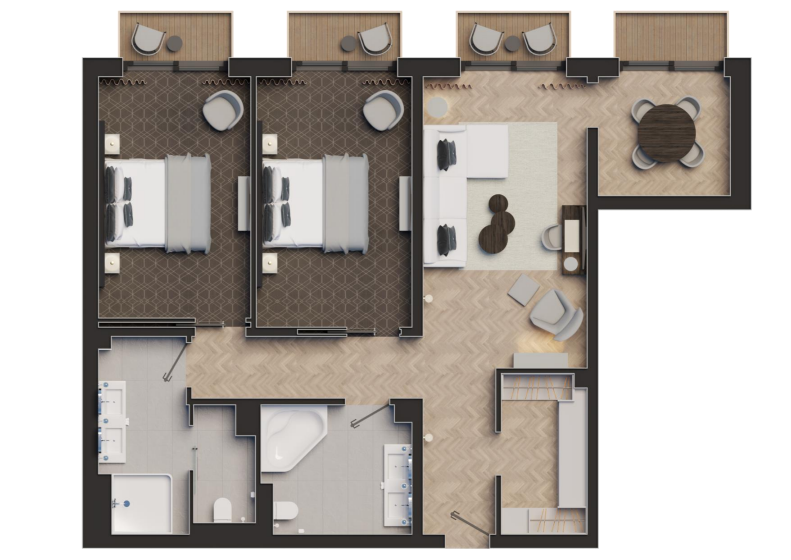 Ein Grundriss eines Hauses mit zwei Schlafzimmern und einem Balkon.