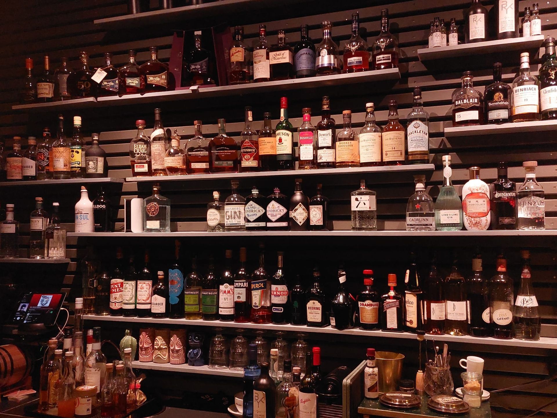 Flaschen mit Schnaps stehen in Regalen in einer Bar aufgereiht