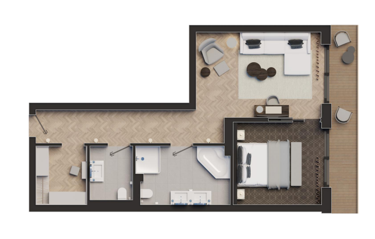 Ein Grundriss einer kleinen Wohnung mit Balkon.