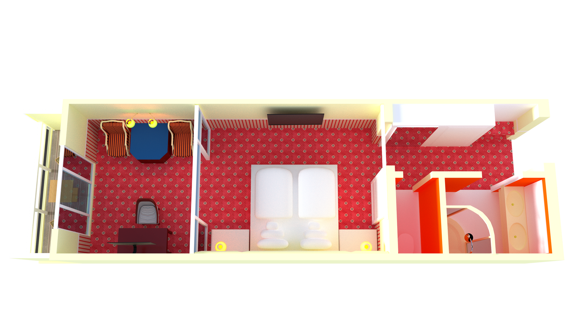 Ein 3D-Modell eines Hotelzimmers mit rotem Teppich und einem Bett.