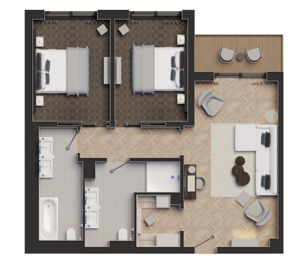 Ein Grundriss eines Hauses mit zwei Schlafzimmern und einem Balkon