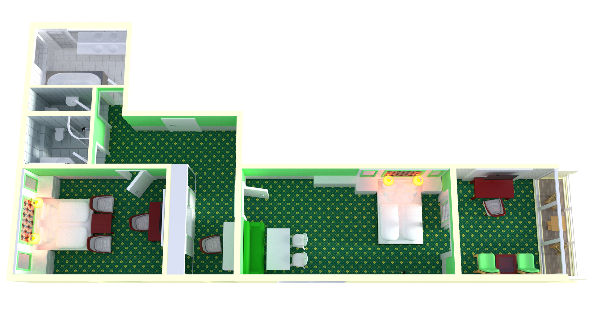 Ein 3D-Grundriss eines Hotelzimmers mit grünem Teppich.