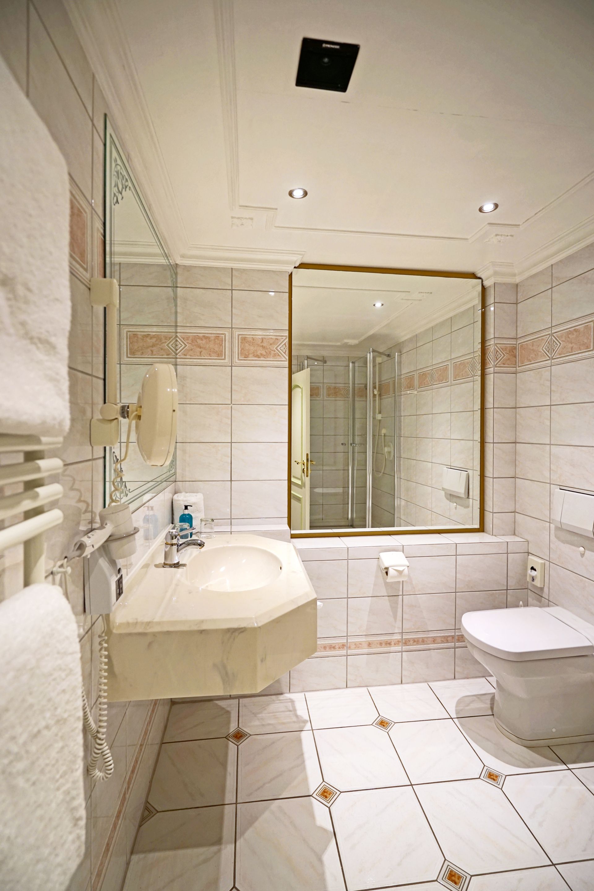 Ein Badezimmer mit Waschbecken, Toilette, Dusche und Spiegel.