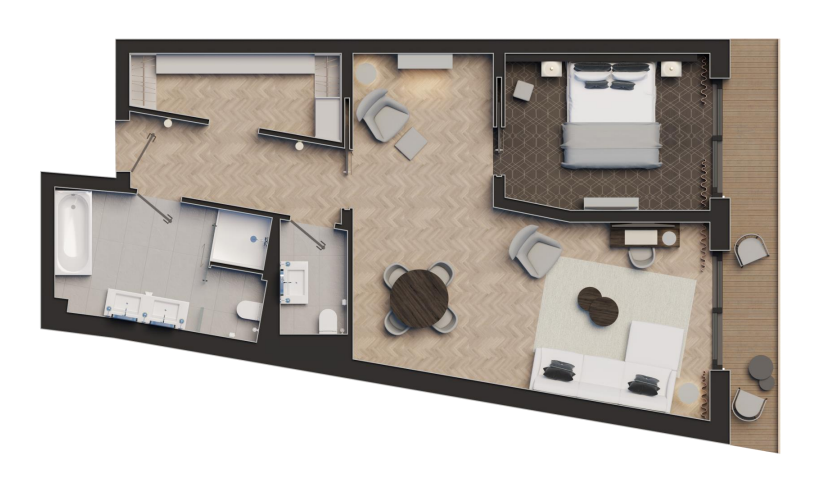 Ein Grundriss eines Hauses mit Schlafzimmer, Wohnzimmer, Esszimmer und Badezimmer.