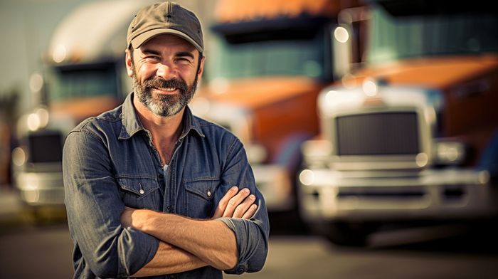 A man with his arms crossed is standing in front of a semi truck.