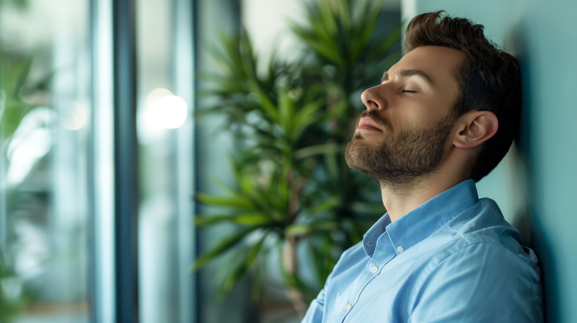 A man is leaning against a wall with his eyes closed.