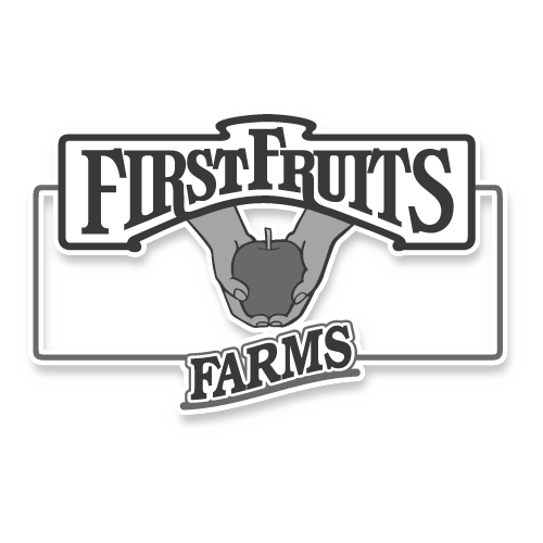 The logo for First Fruits Farms shows two hands holding an apple.
