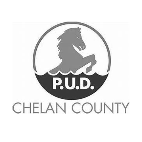 A black and white logo for Chelan County PUD with a horse in the water.