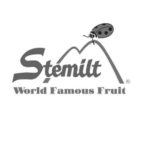 A black and white logo for Stemilt, World Famous Fruit