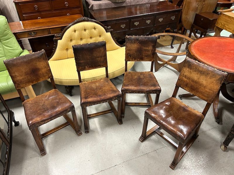 Four Antique Spanish Oak & Leather Cromwellian Chairs