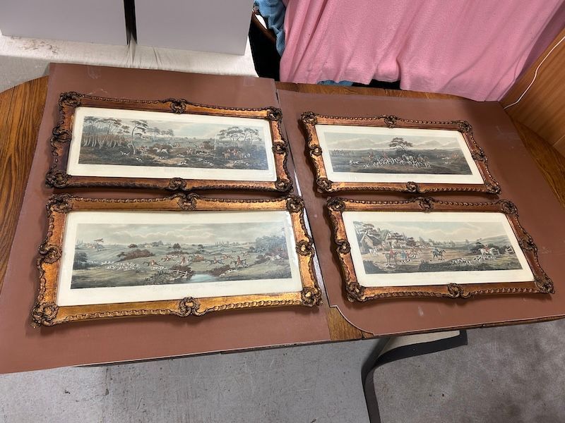 A Set of Four Antique Hand Coloured Fox Hunting Engravings (after Dean Wolstenholme) by Thomas Sutherland 1785-1838 in Ornate Recoco Style Gold Frames